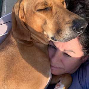 Baypath Alumni Zoie, a large tan hound dog lying with foster mom Amy Frederick 