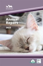 Baypath Humane 2023 Annual report cover with white cat