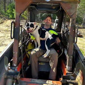 A black and white dog sitting on a man's lap on a tractor.
